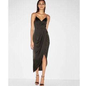 Express Black Satin‎ Slip Midi Dress Asymmetrical Women's 8 Chic Goth Whimsigoth